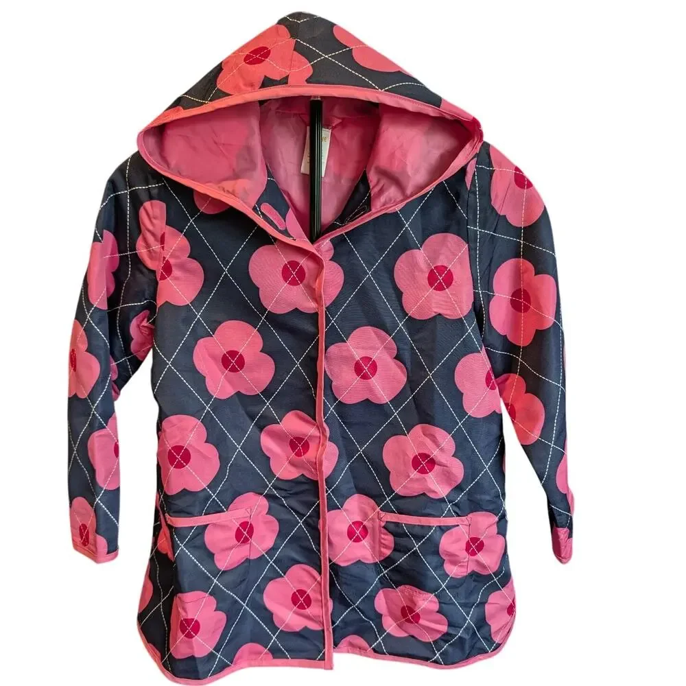 Gymboree Girls 7 8 Quilted Floral Hooded Jacket Pink Navy 2013